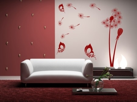 Welurowe naklejki z dmuchawcami w czerwonym kolorze do pokoju na ścianę lateksową