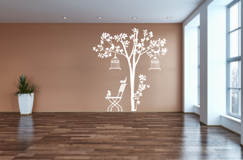 Naklejka dekoracyjna na ścianę drzewo z krzesłem i ptaszkami