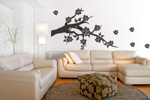 Naklejka na ścianę do salonu z weluru gałązka z kwiatkami i drzewo