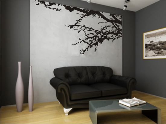 Czarna naklejka z weluru na ścianę gałązka z drzewa 
