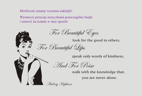 Różne wymiary i kolory naklejek z tekstem Audrey Hepburn