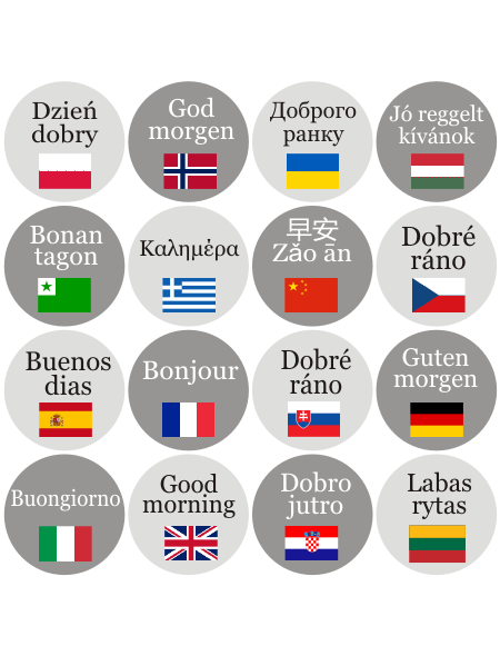 Naklejki na ścianę powitanie w różnych językach + flagi 