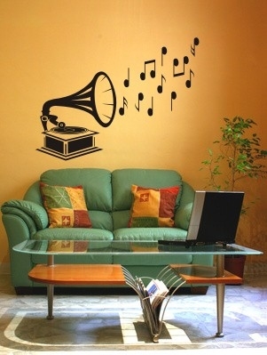 Naklejka welurowa na ścianie gramofon z nutkami do pokoju